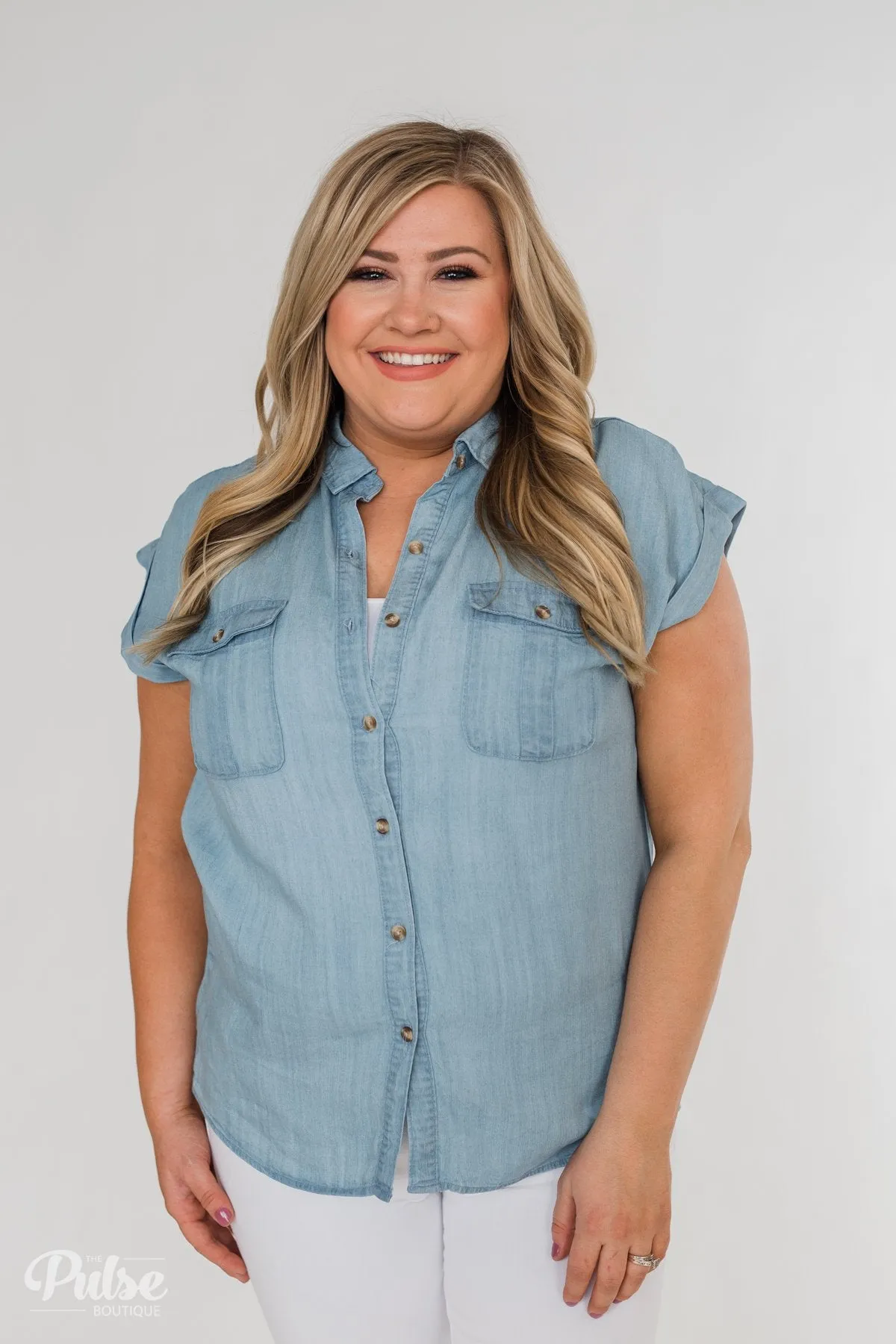 Close to Home Button Down Top- Light Denim