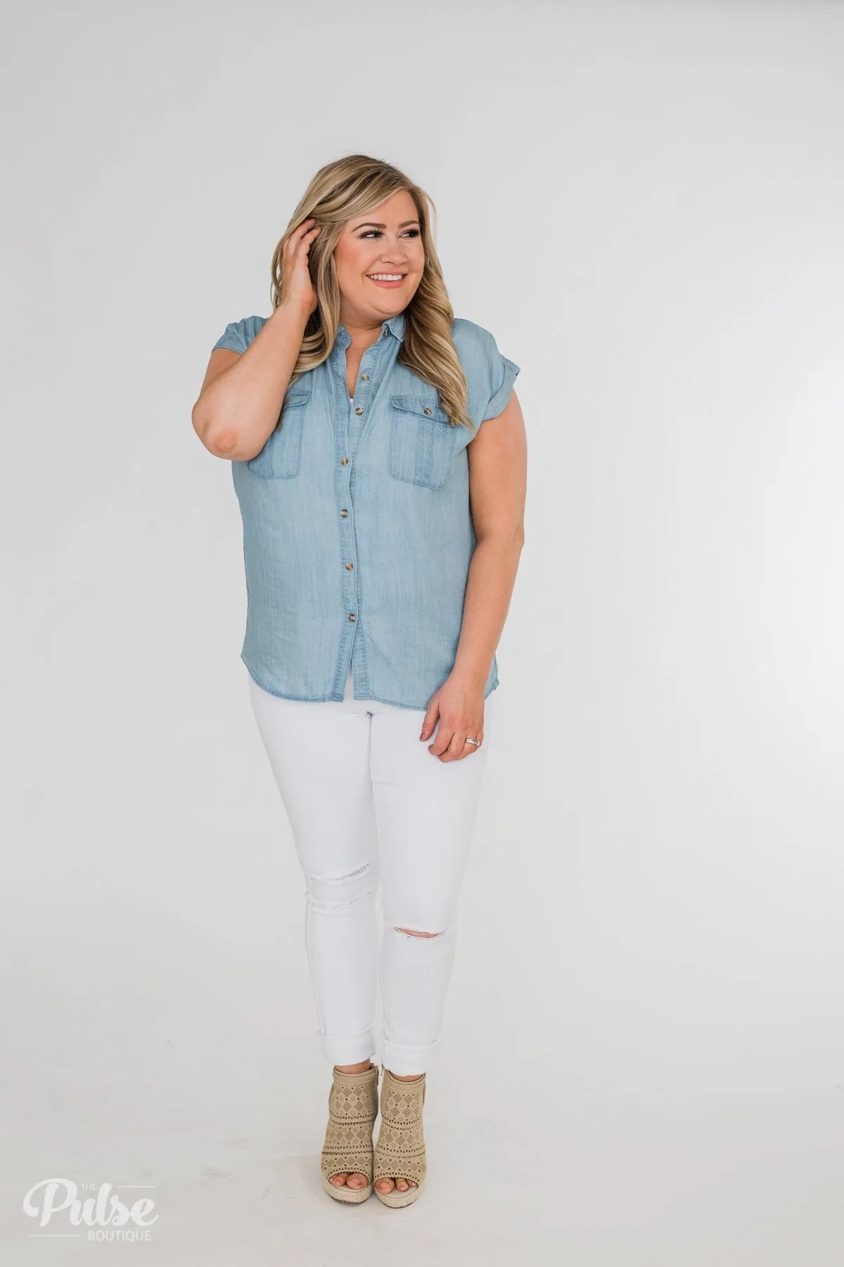 Close to Home Button Down Top- Light Denim