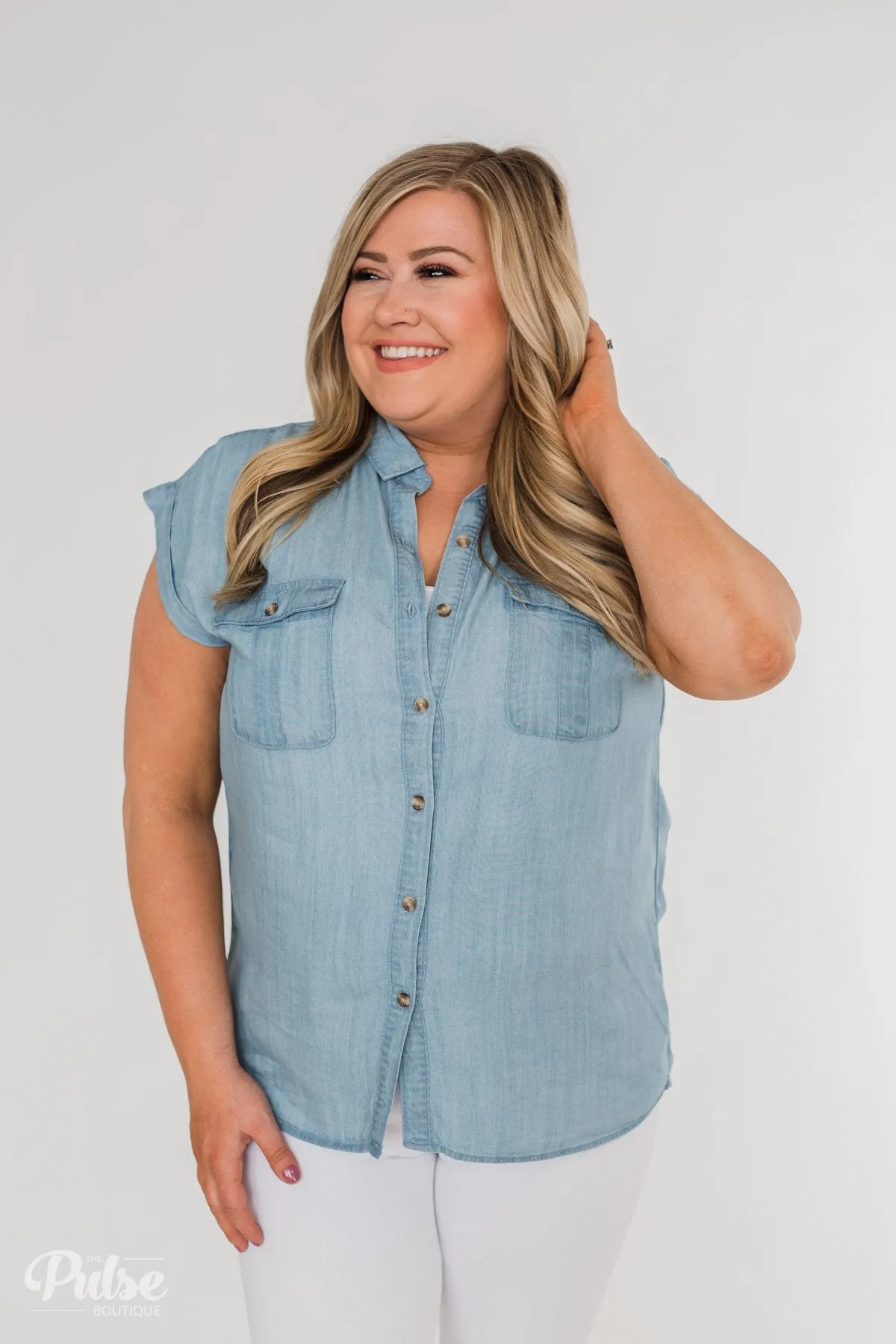 Close to Home Button Down Top- Light Denim