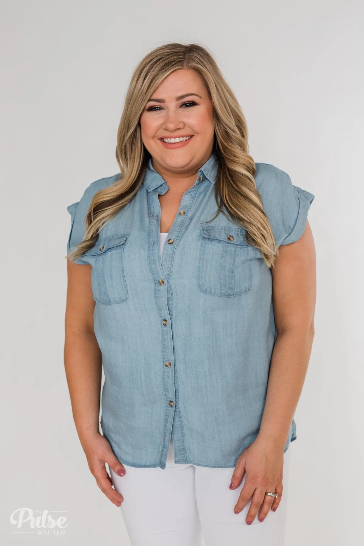 Close to Home Button Down Top- Light Denim
