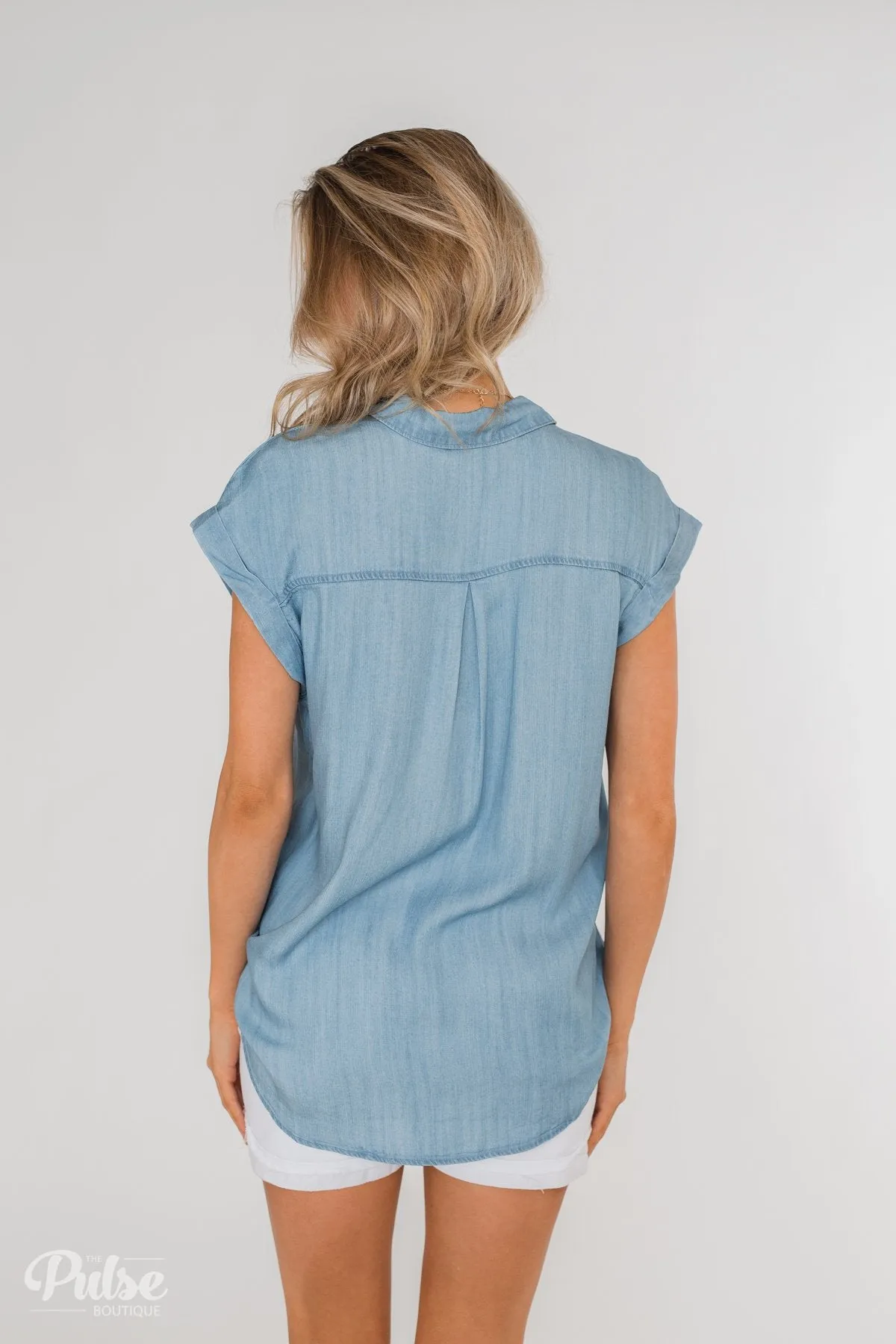 Close to Home Button Down Top- Light Denim