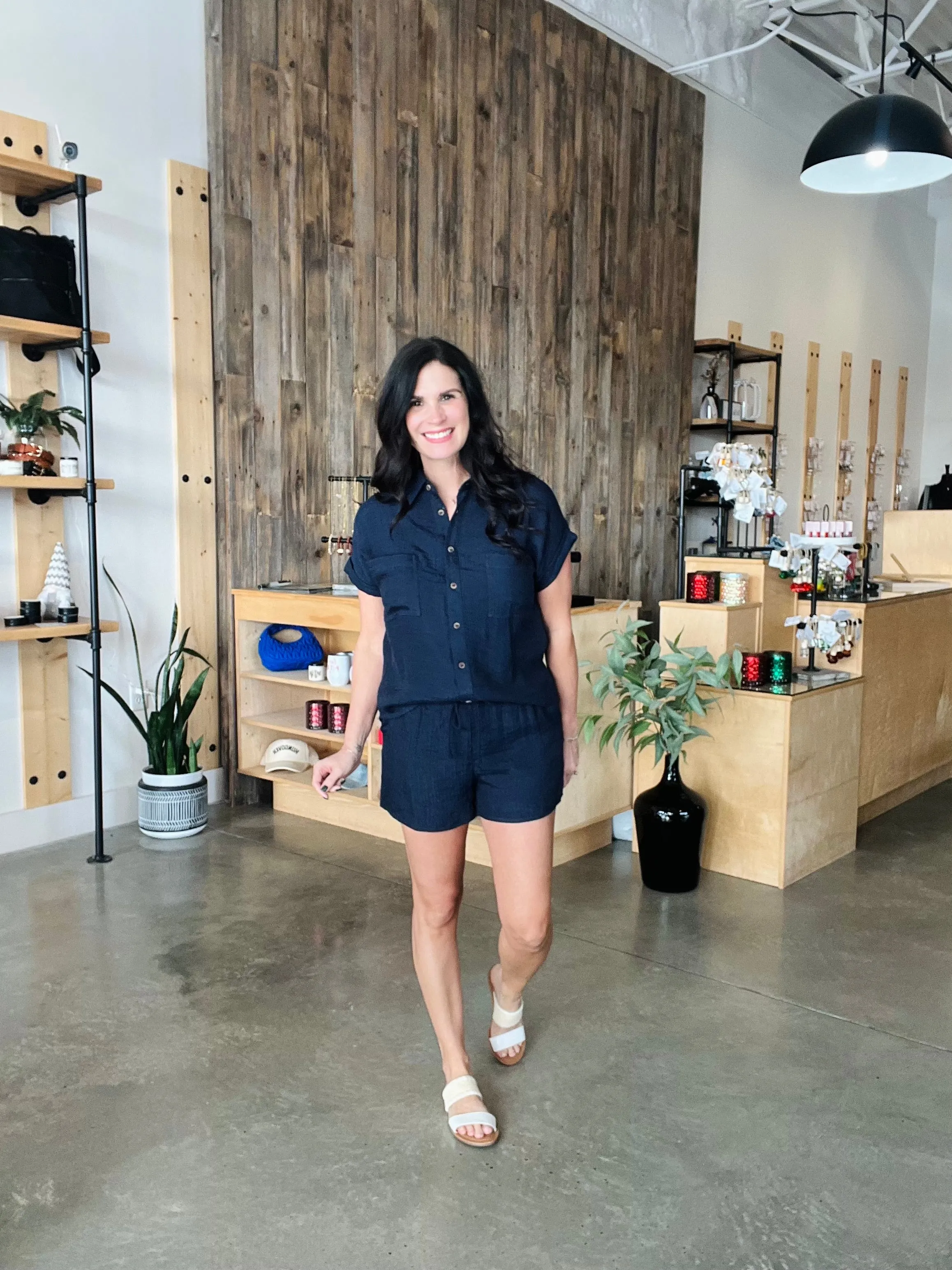 Collared Crinkle Button Down Shirt - Navy