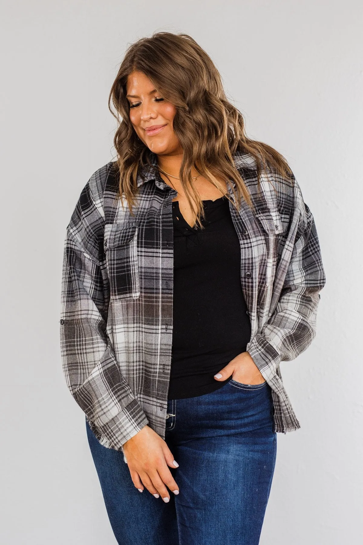 Coming Through Frayed Plaid Top- Grey & Black