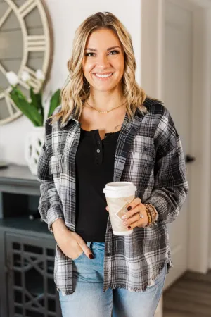 Coming Through Frayed Plaid Top- Grey & Black