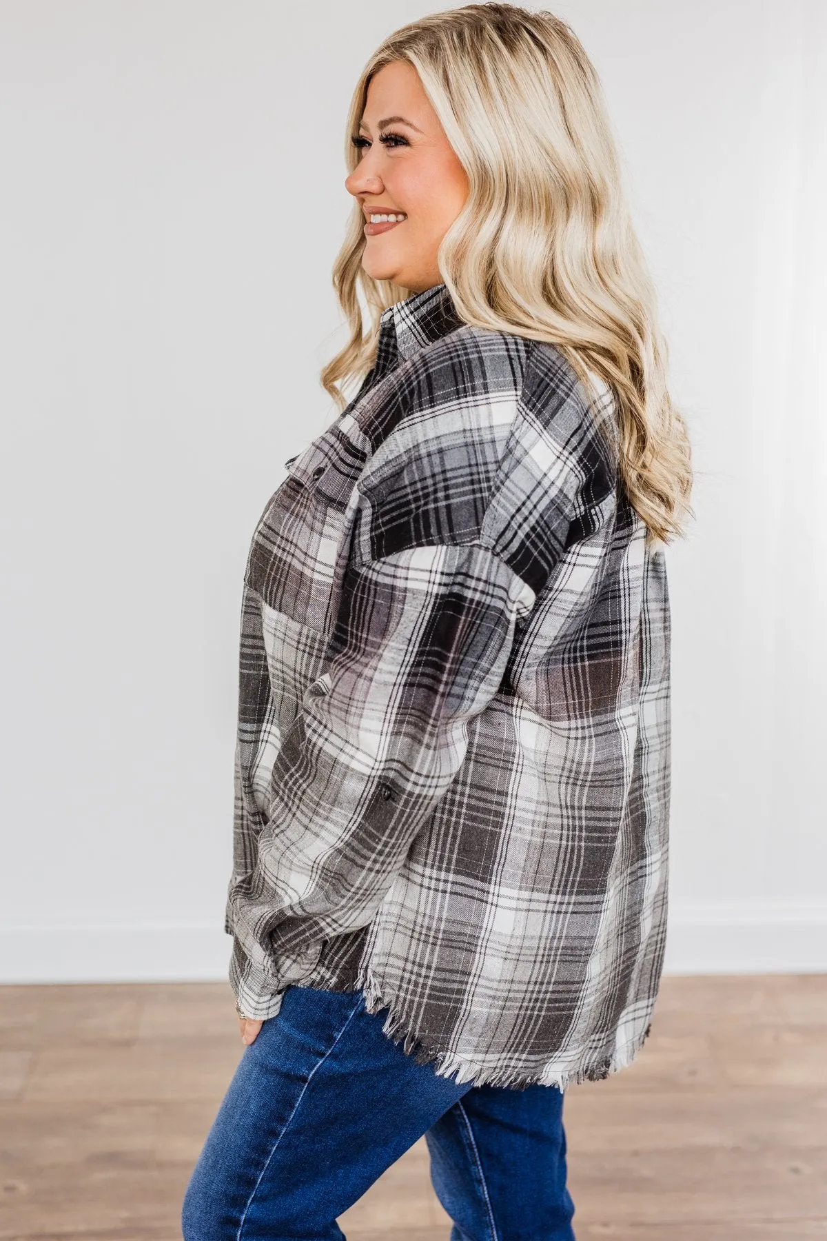 Coming Through Frayed Plaid Top- Grey & Black