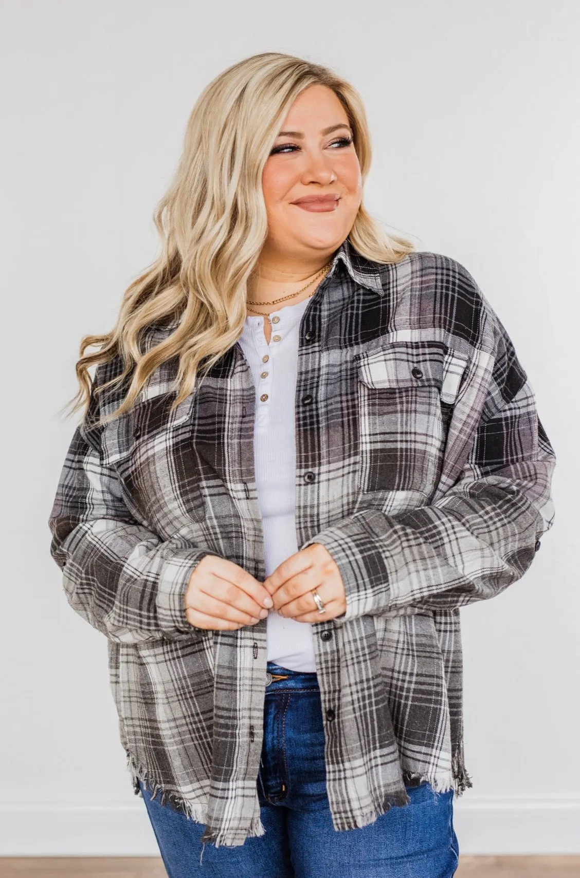 Coming Through Frayed Plaid Top- Grey & Black