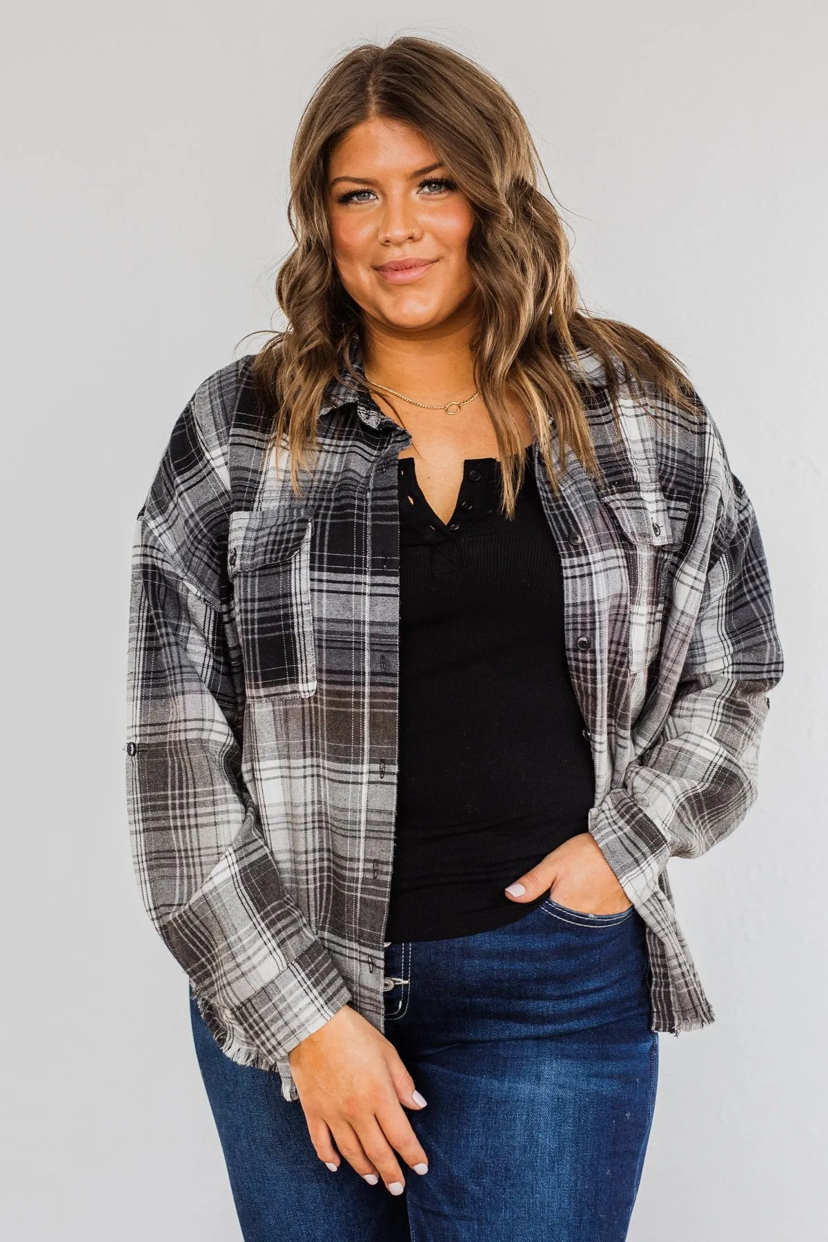 Coming Through Frayed Plaid Top- Grey & Black