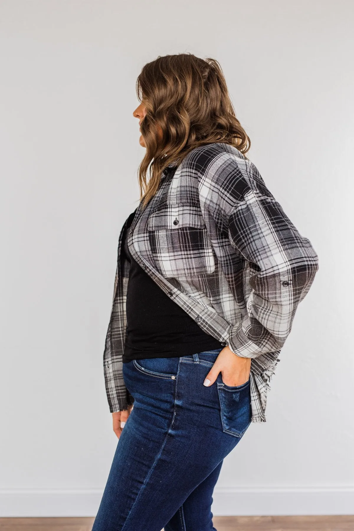 Coming Through Frayed Plaid Top- Grey & Black