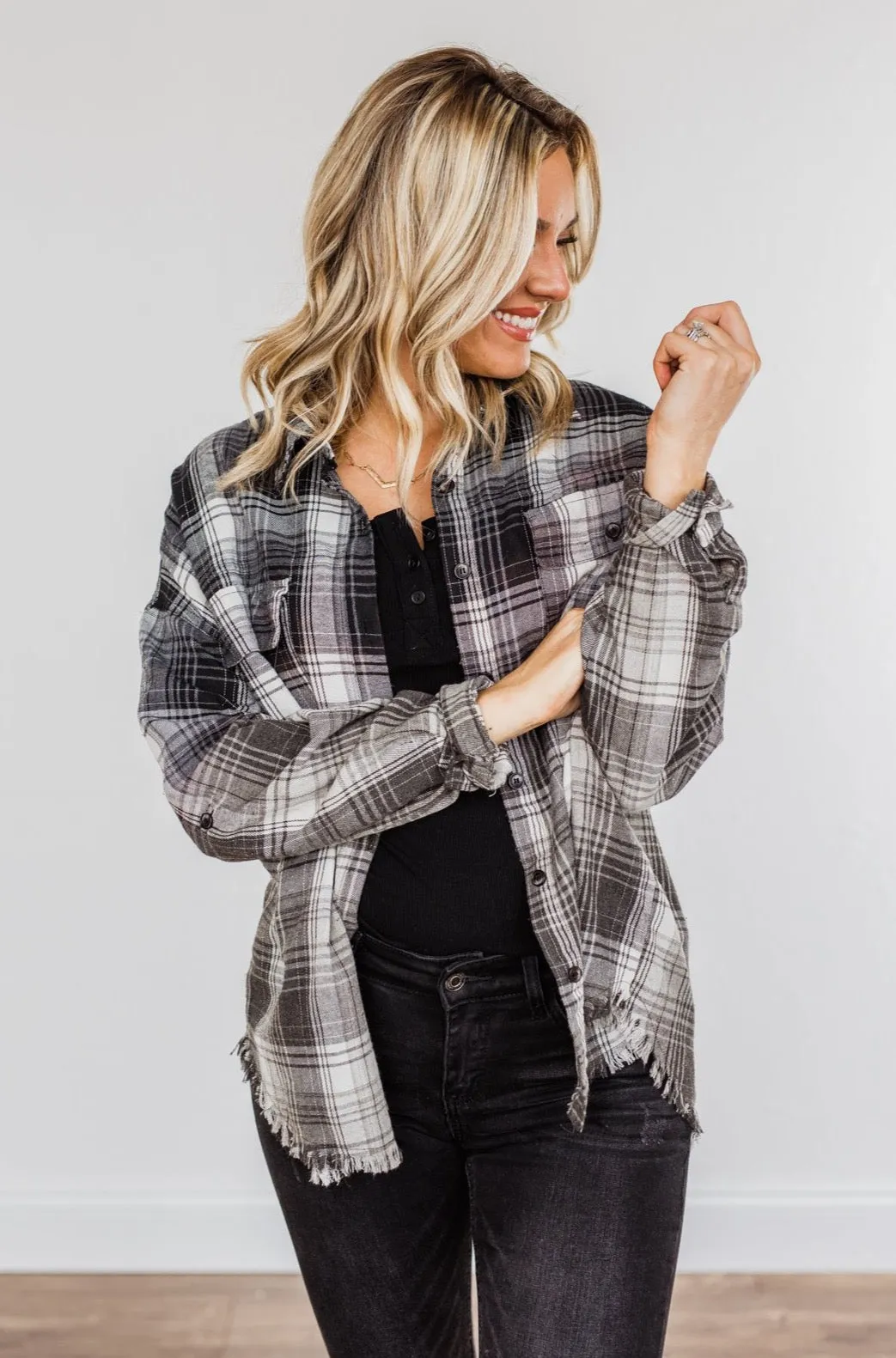 Coming Through Frayed Plaid Top- Grey & Black