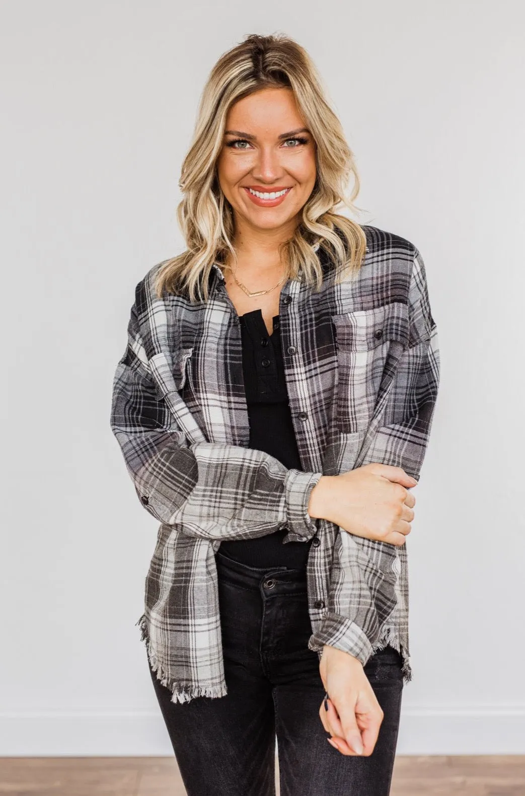 Coming Through Frayed Plaid Top- Grey & Black