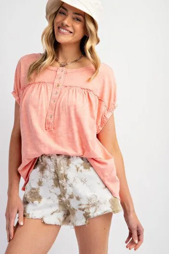 Coral Washed Button Down Slub Top