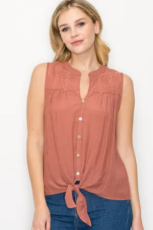Crochet Yoke Button Down Tie Front Sleeveless Top