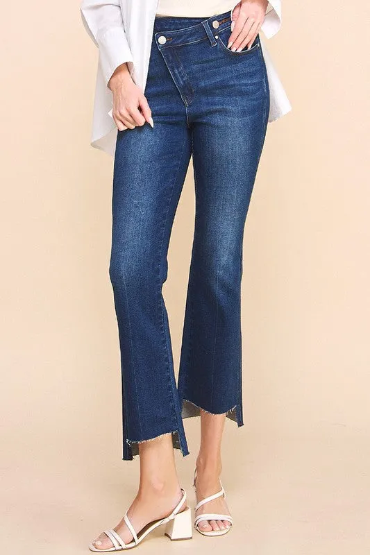 Crossover Step Hem Cropped Denim Jean Pants