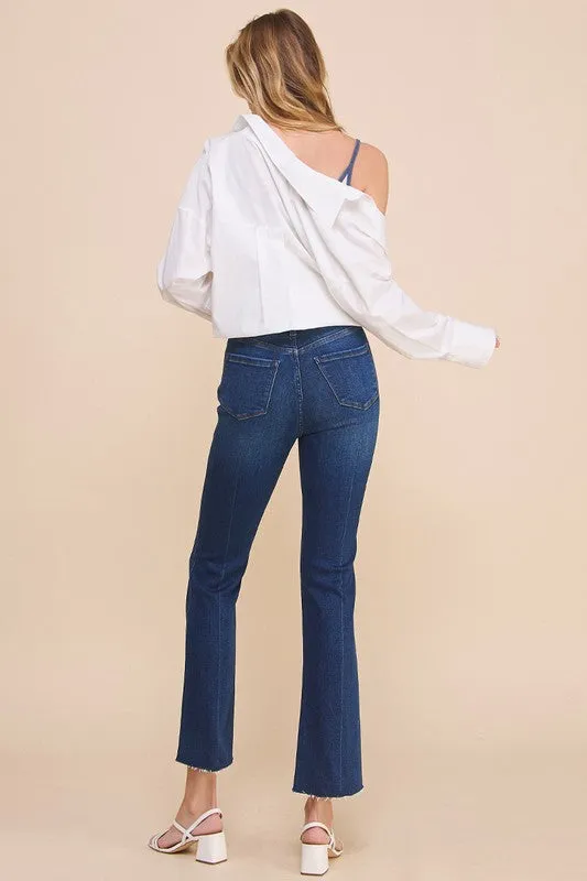 Crossover Step Hem Cropped Denim Jean Pants