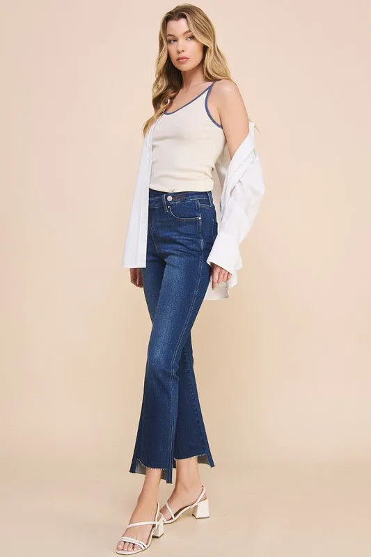 Crossover Step Hem Cropped Denim Jean Pants