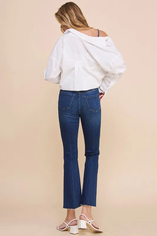 Crossover Step Hem Cropped Denim Jean Pants