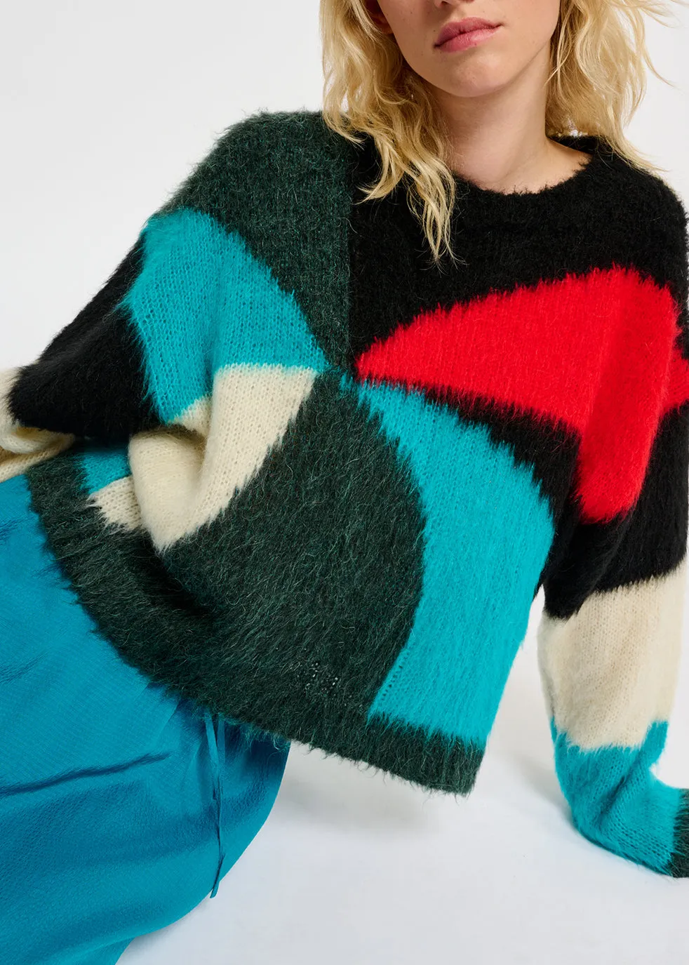 Dark green, blue and red intarsia-knitted sweater