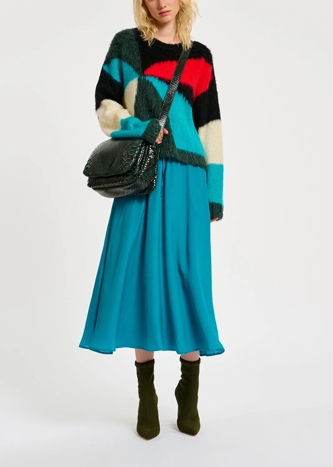 Dark green, blue and red intarsia-knitted sweater