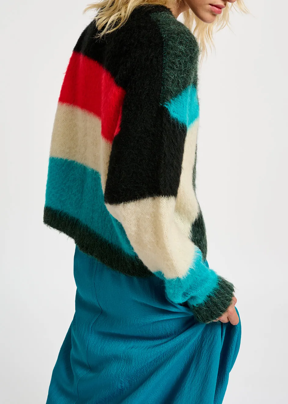 Dark green, blue and red intarsia-knitted sweater