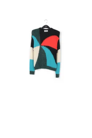 Dark green, blue and red intarsia-knitted sweater