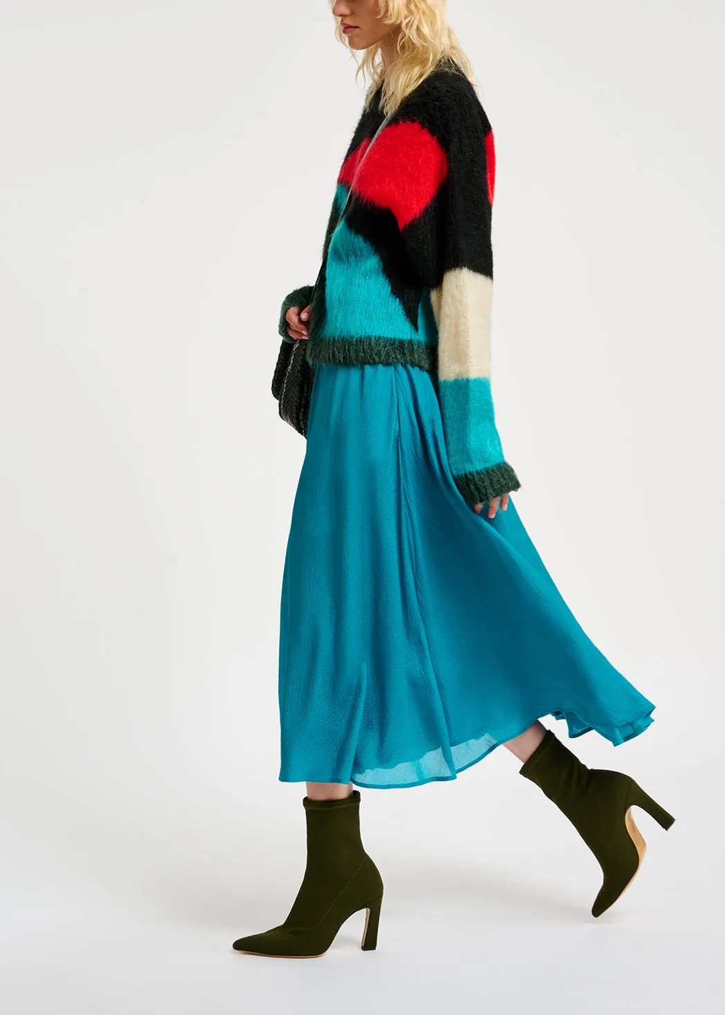 Dark green, blue and red intarsia-knitted sweater