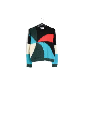 Dark green, blue and red intarsia-knitted sweater