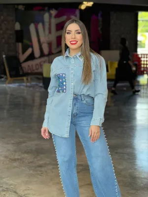 Denim Shirt with Rhinestones