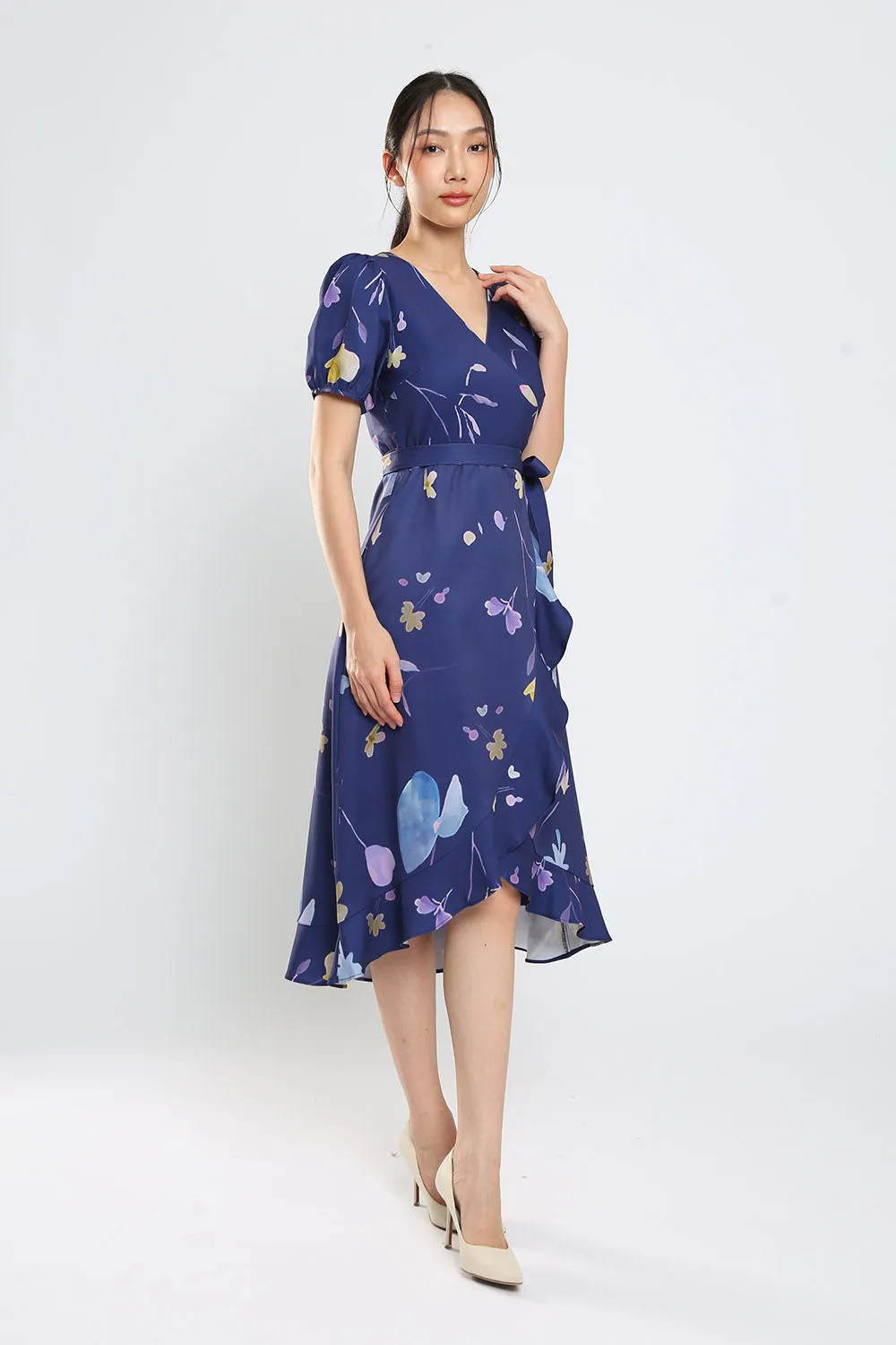 Devonne Wrap Dress in Navy Blue Floral