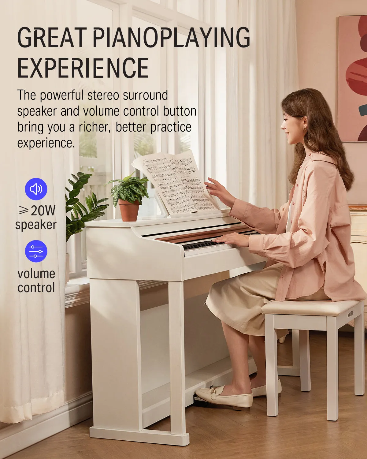 Donner DDP-100 White 88 Key Fully Weighted Upright Digital Piano 3 Pedal