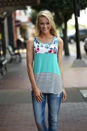 Don't Let Me Down Floral Tank ~ Teal