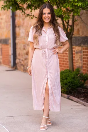 Dusty Rose Crystal Pleat Midi Shirt Dress
