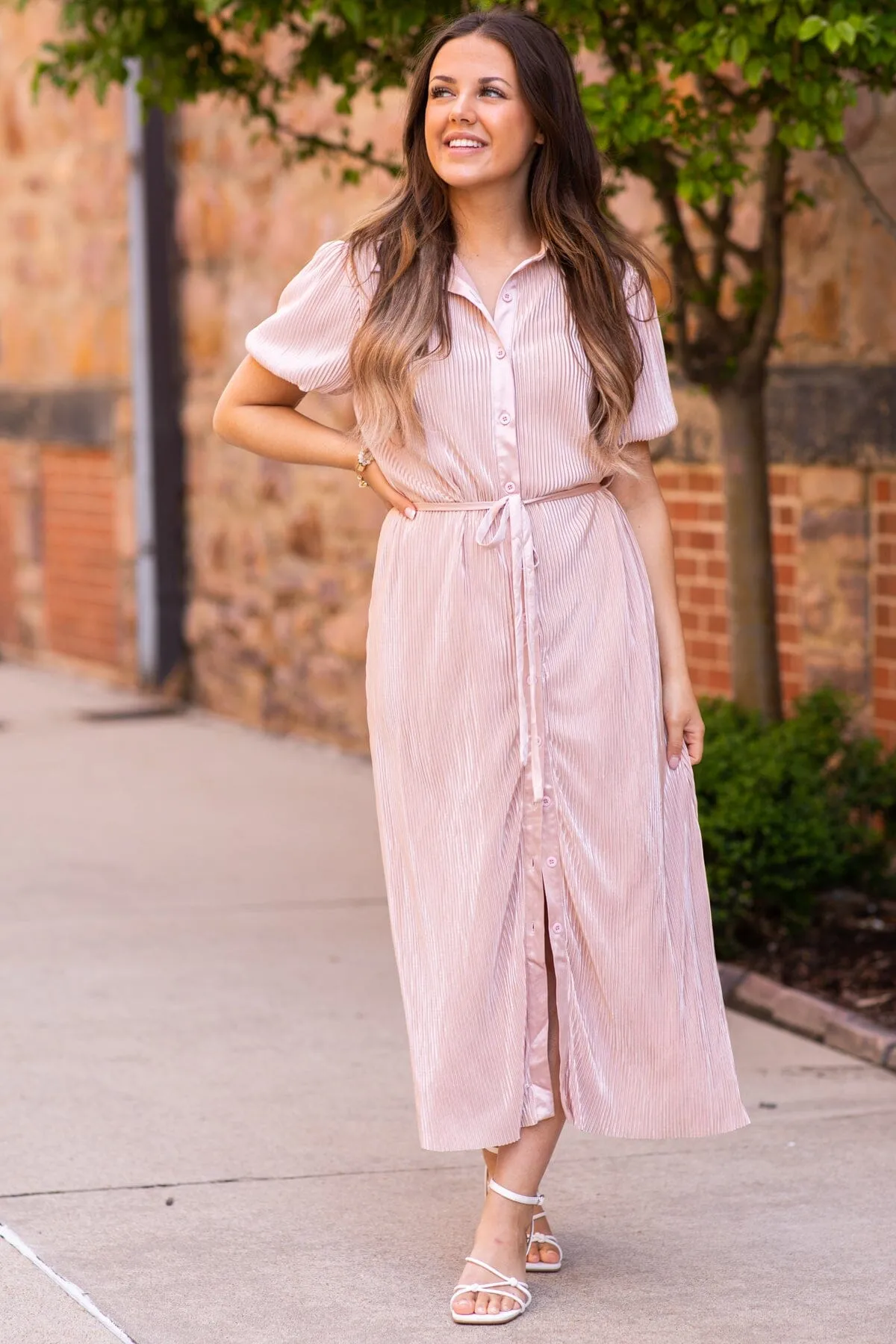 Dusty Rose Crystal Pleat Midi Shirt Dress