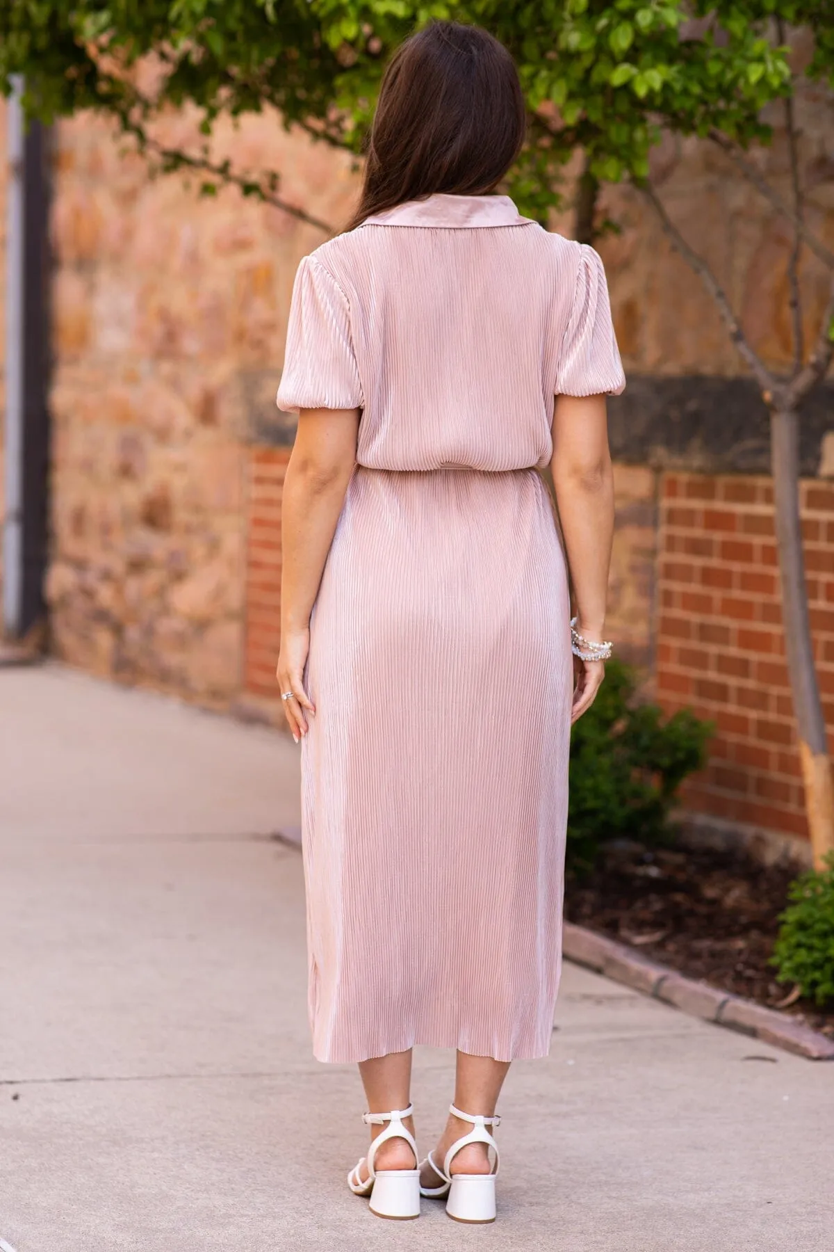 Dusty Rose Crystal Pleat Midi Shirt Dress