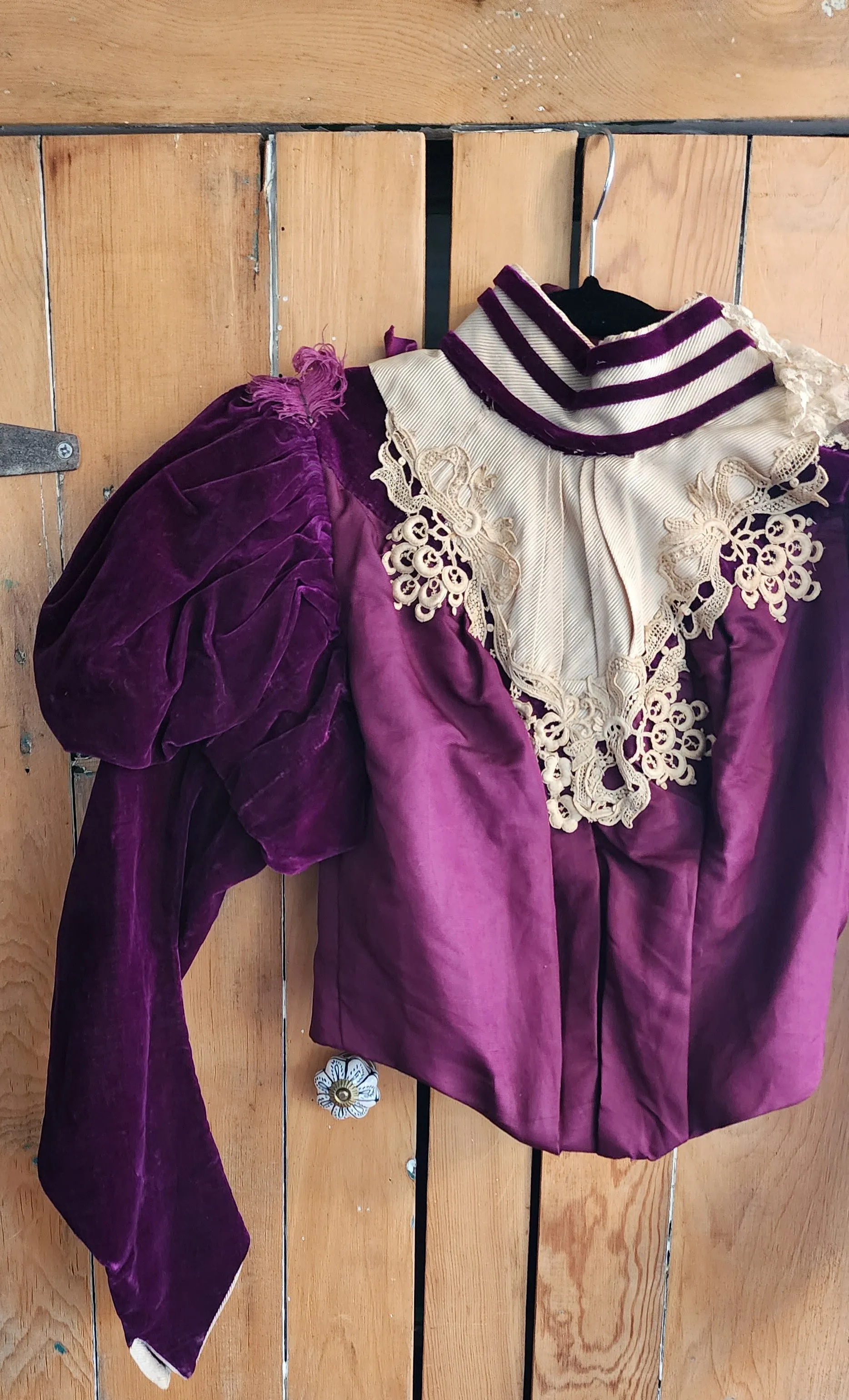 Edwardian Jacket Purple Velvet Cream Lace & Feathers
