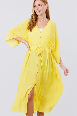 Elbow Sleeve Waist Ribbon Tie Button Down Long Woven Cardigan