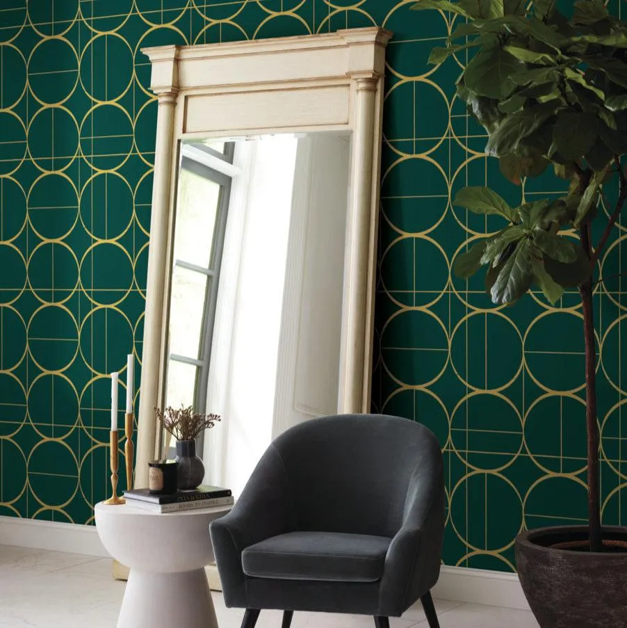 Emerald & Gold Sun Circles Wallpaper (60 SqFt)