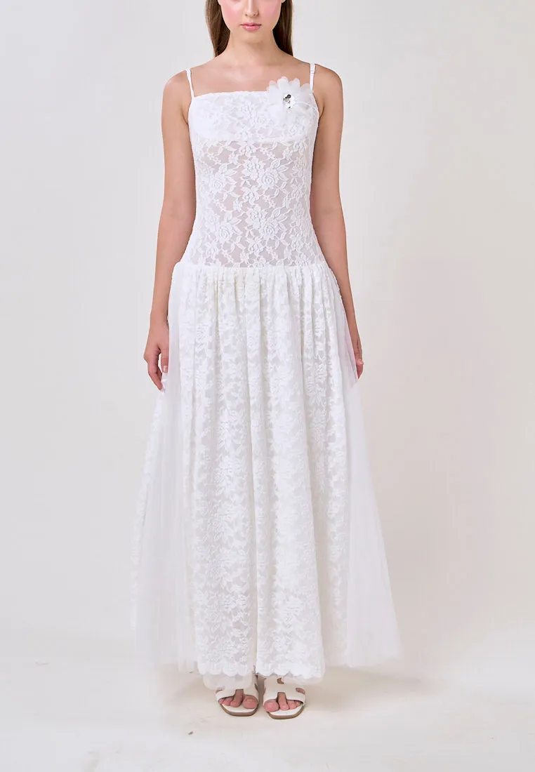 Emryn White Sleeveless Flower Lace  Maxi Dress