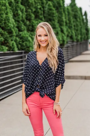 Endless Smiles Front Tie Polka Dot Top- Navy