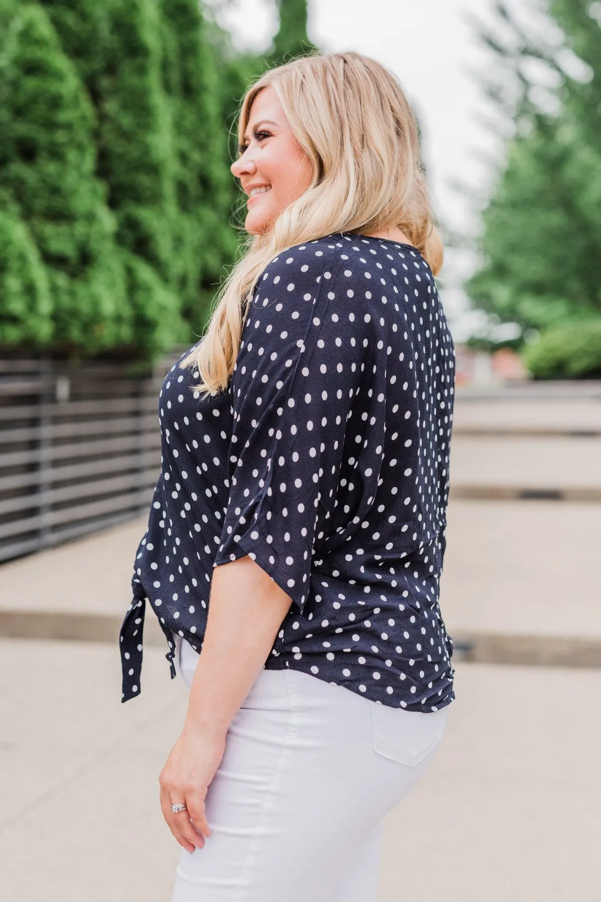 Endless Smiles Front Tie Polka Dot Top- Navy