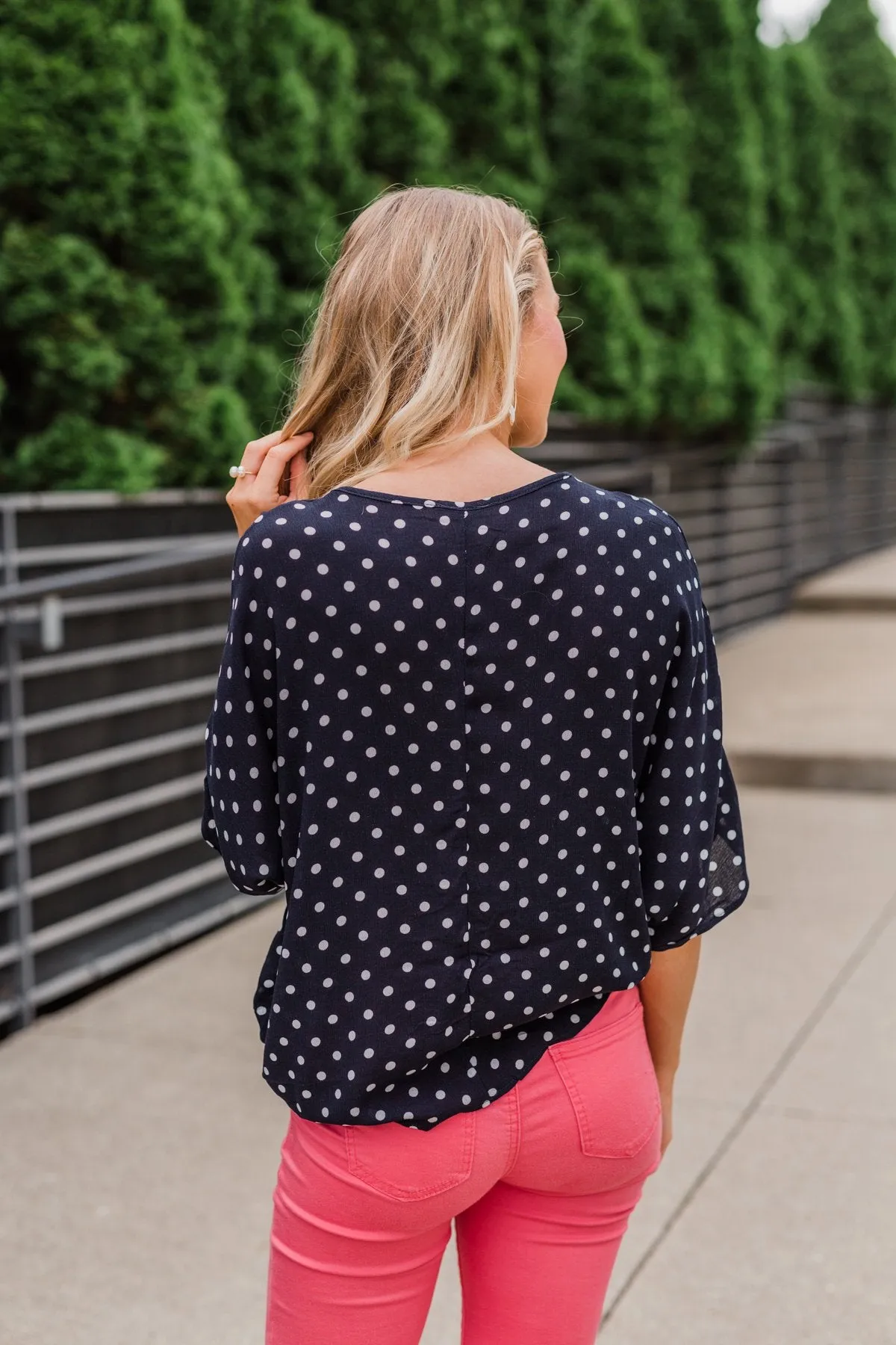 Endless Smiles Front Tie Polka Dot Top- Navy