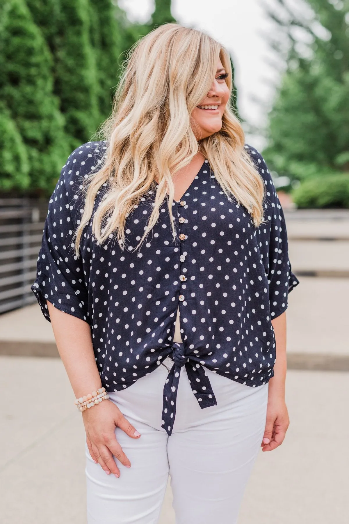 Endless Smiles Front Tie Polka Dot Top- Navy