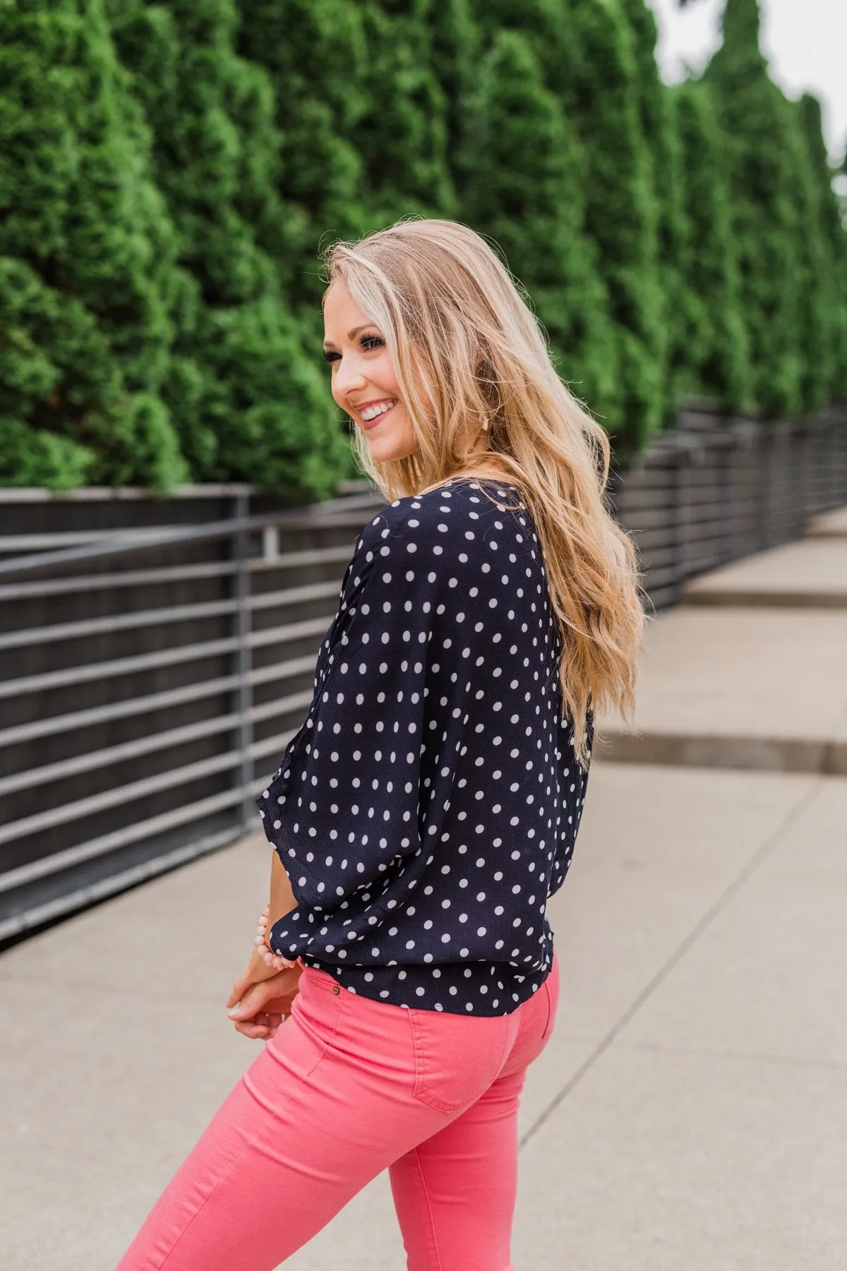 Endless Smiles Front Tie Polka Dot Top- Navy