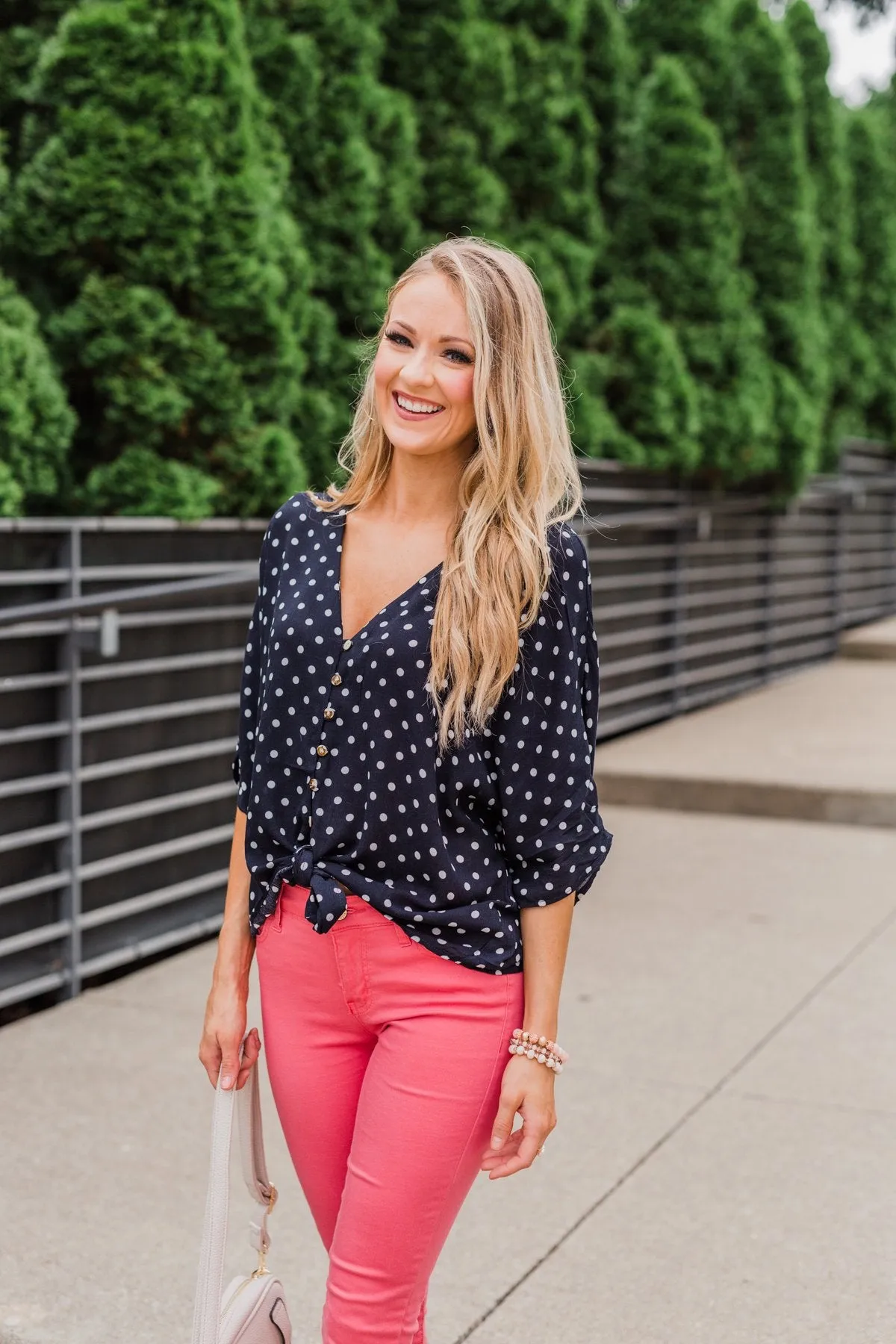 Endless Smiles Front Tie Polka Dot Top- Navy