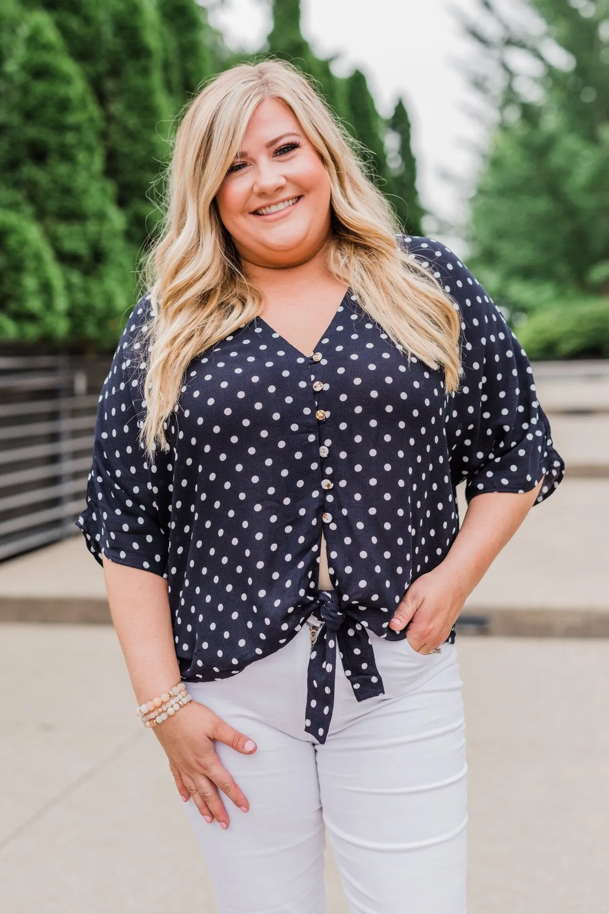 Endless Smiles Front Tie Polka Dot Top- Navy