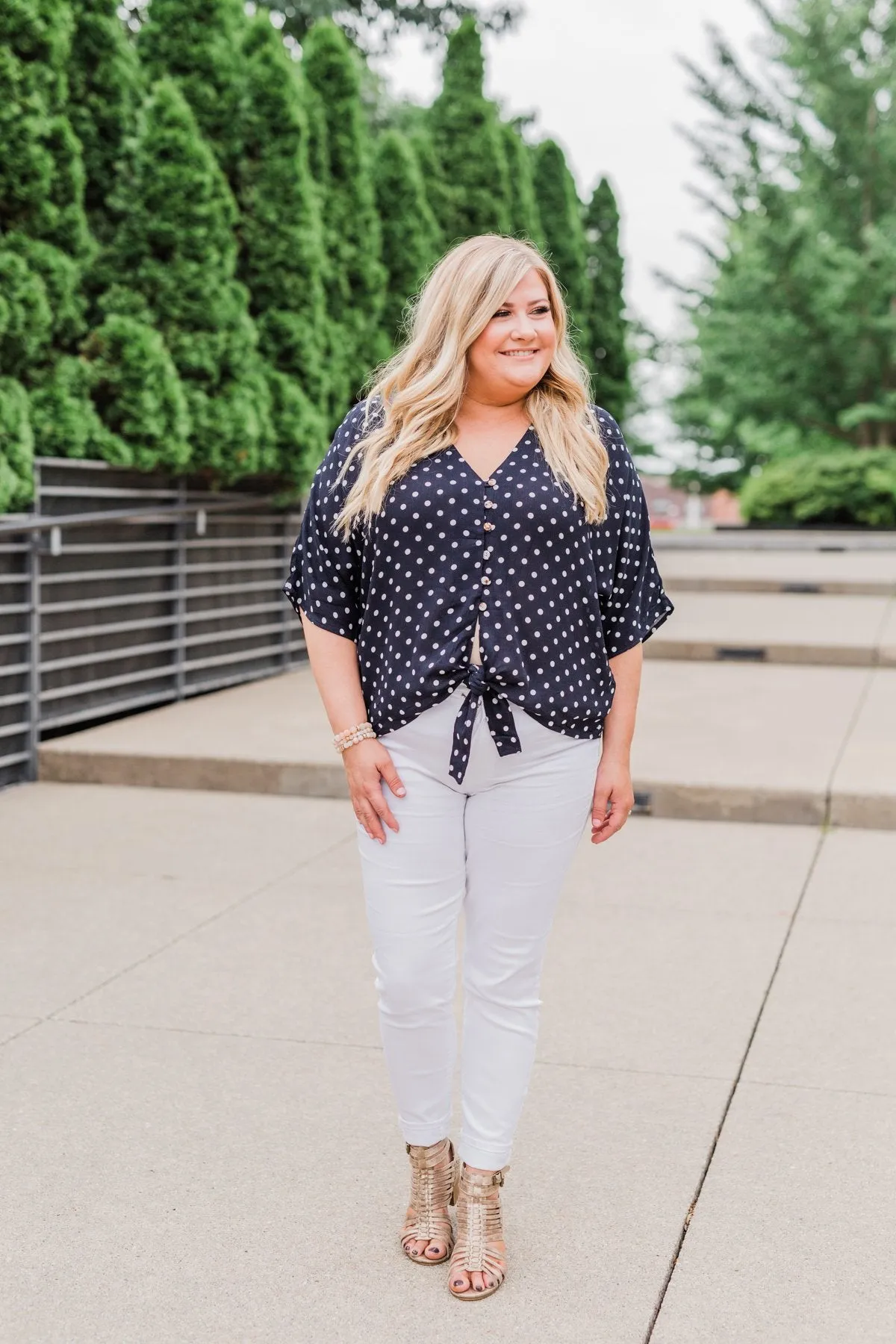 Endless Smiles Front Tie Polka Dot Top- Navy