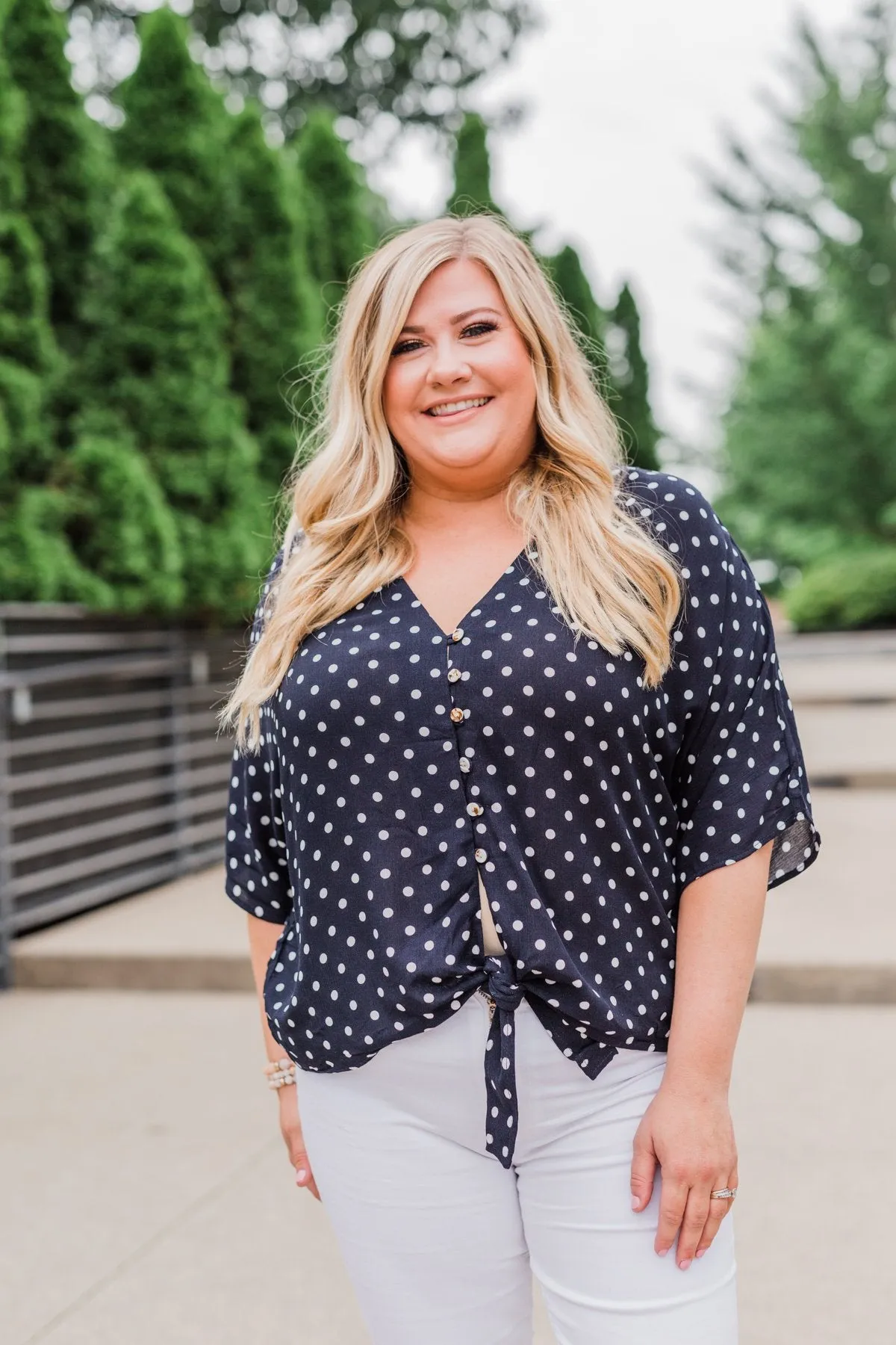 Endless Smiles Front Tie Polka Dot Top- Navy