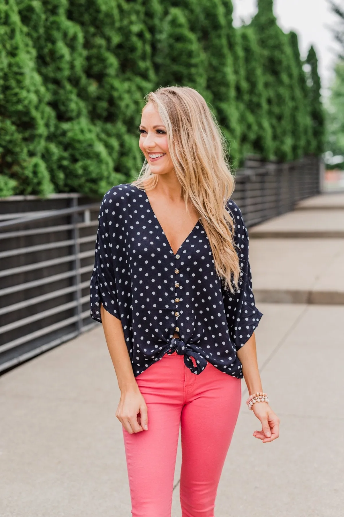 Endless Smiles Front Tie Polka Dot Top- Navy