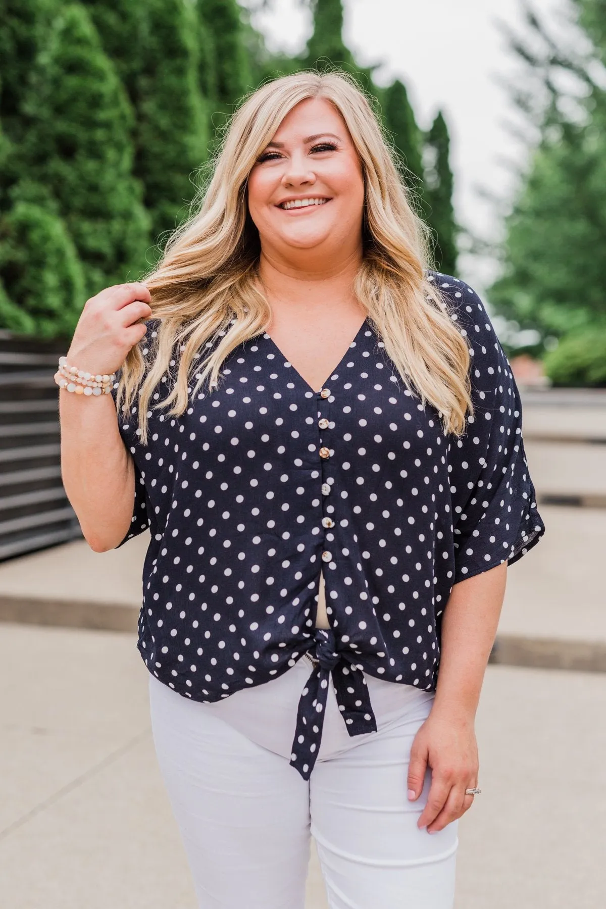 Endless Smiles Front Tie Polka Dot Top- Navy
