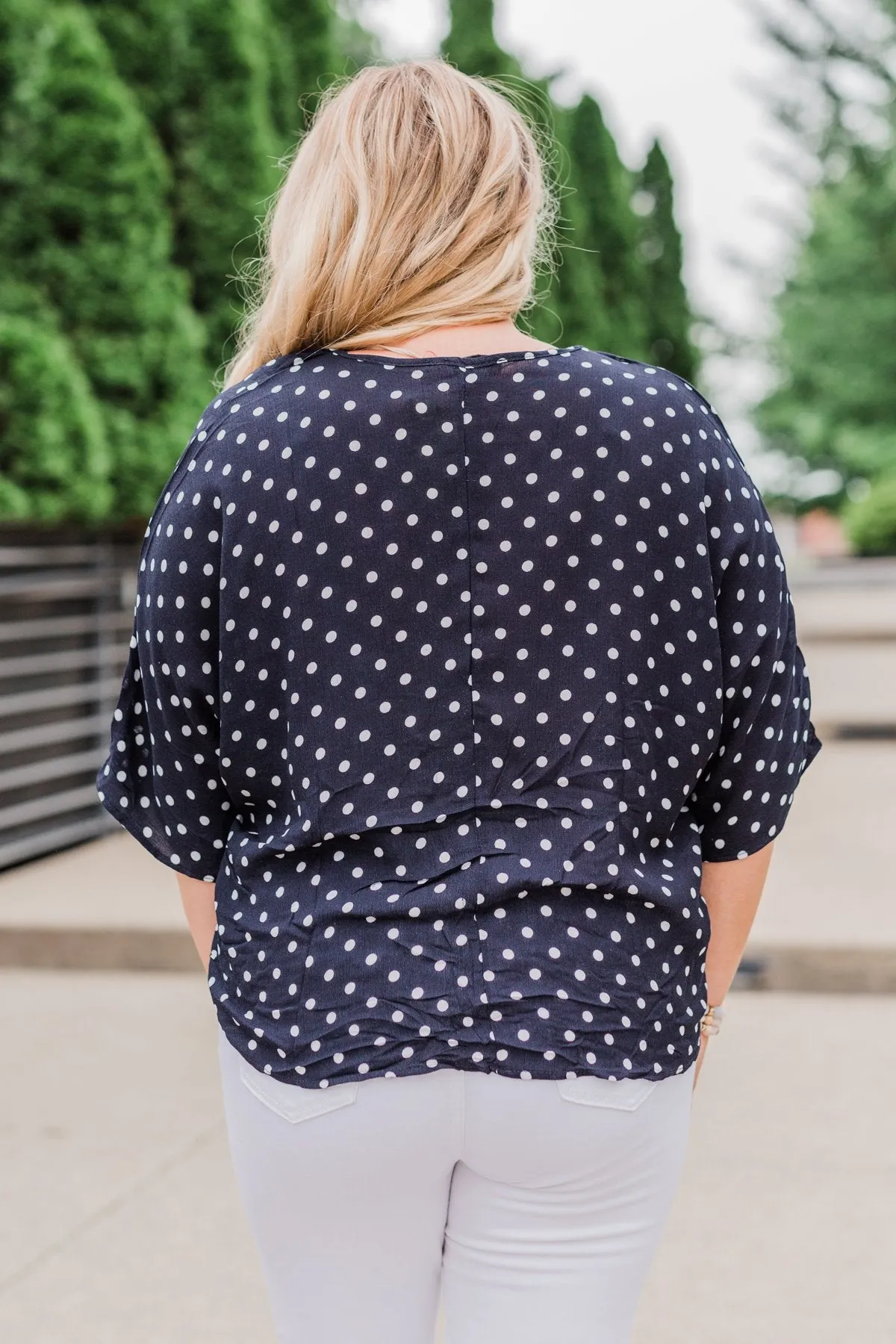Endless Smiles Front Tie Polka Dot Top- Navy