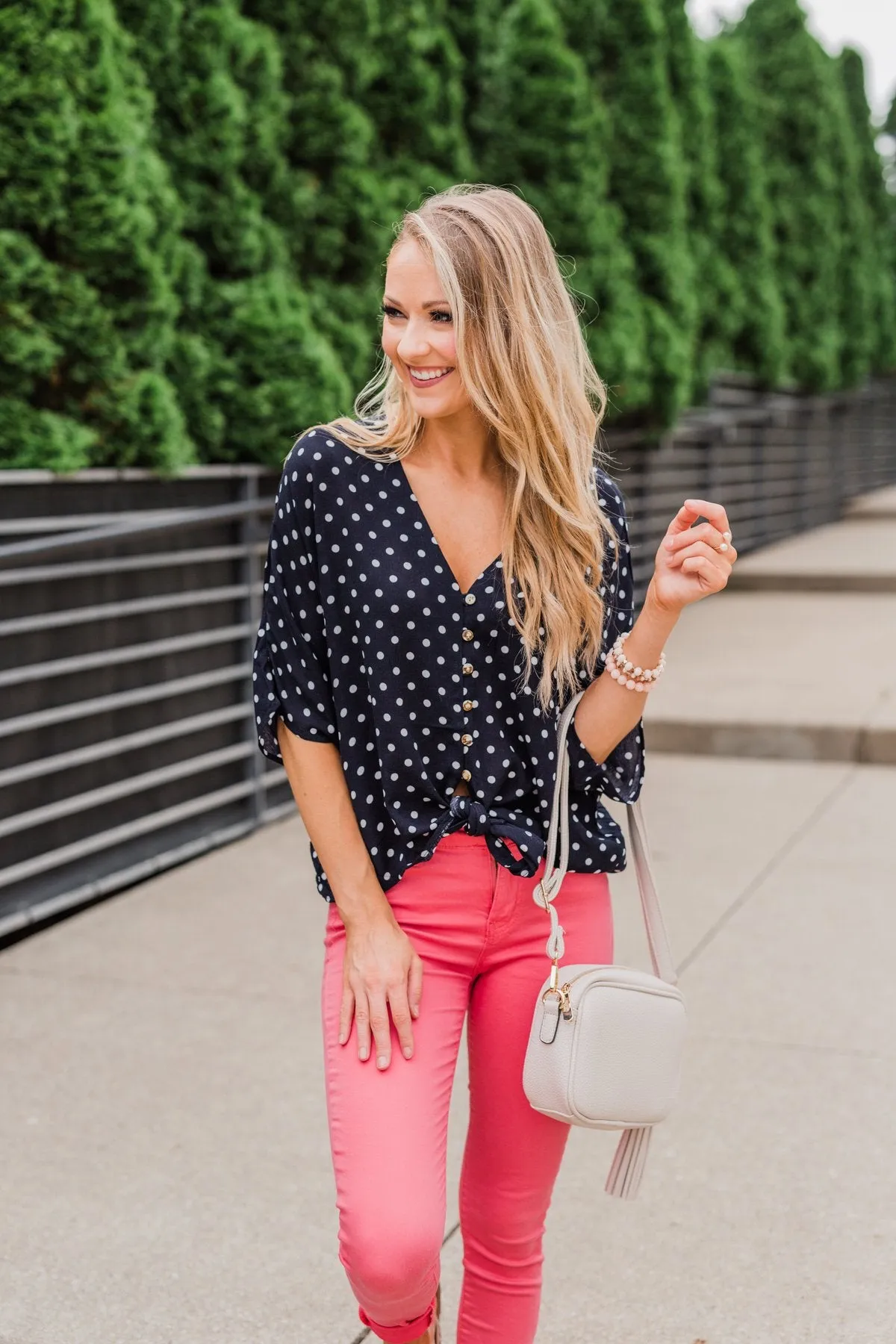 Endless Smiles Front Tie Polka Dot Top- Navy